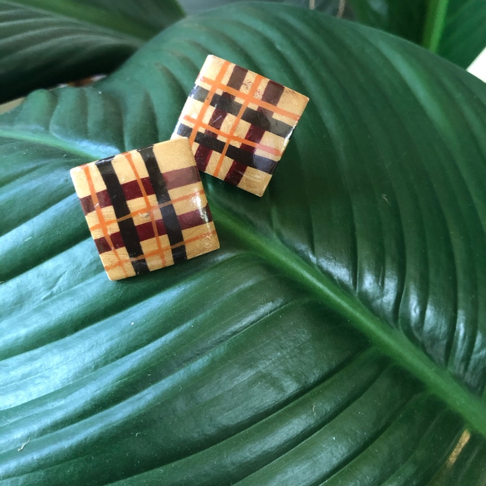 Vintage wooden plaid earrings